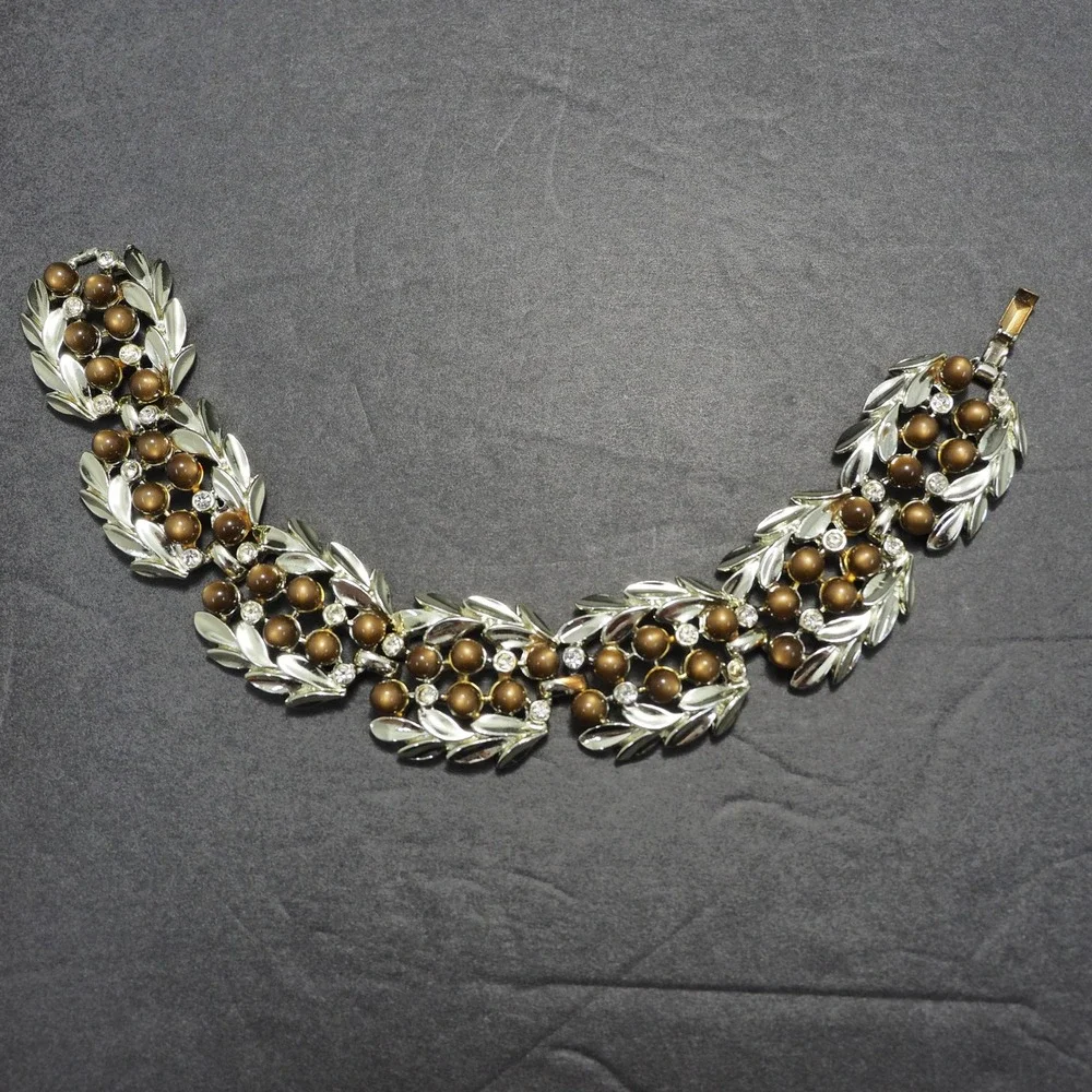 Vintage Bracelet Leaf Link Brown Moonglow Rhinestone Gold Tone Chunky 7.75 Inch